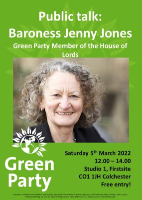 Baroness Jenny Jones To Visit Colchester To Support Colchester Greens!